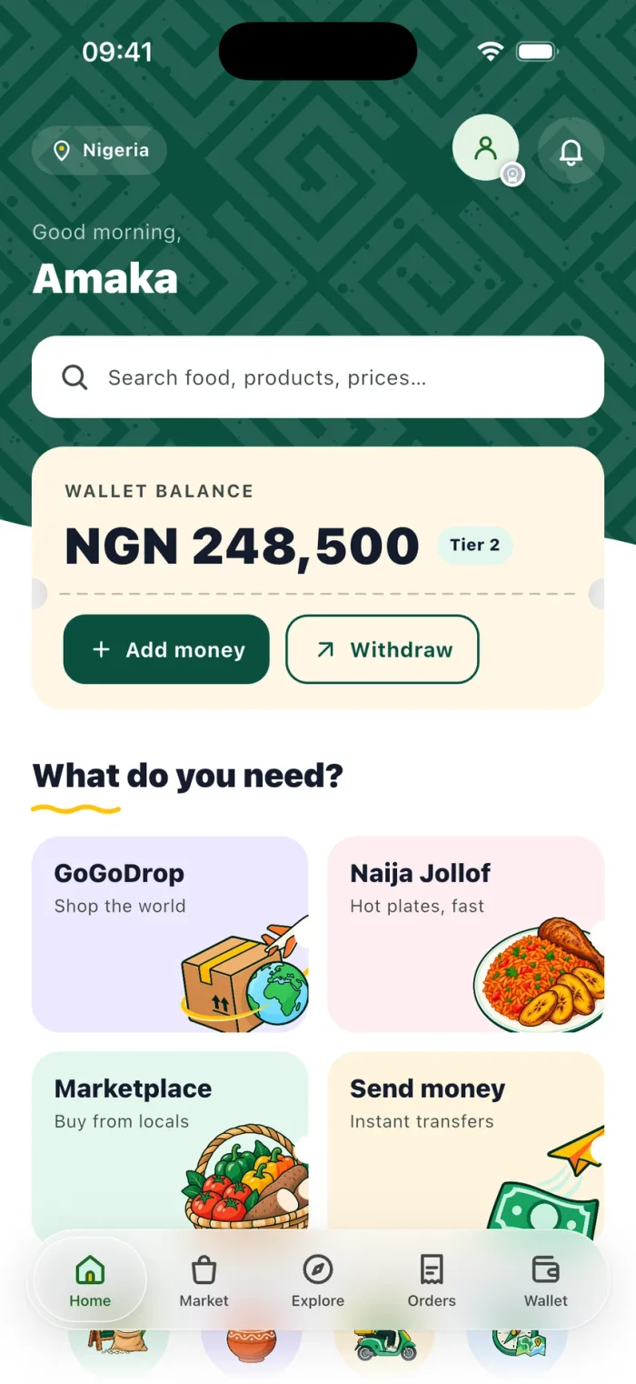 The GoGo home screen with the Naija Jollof tile