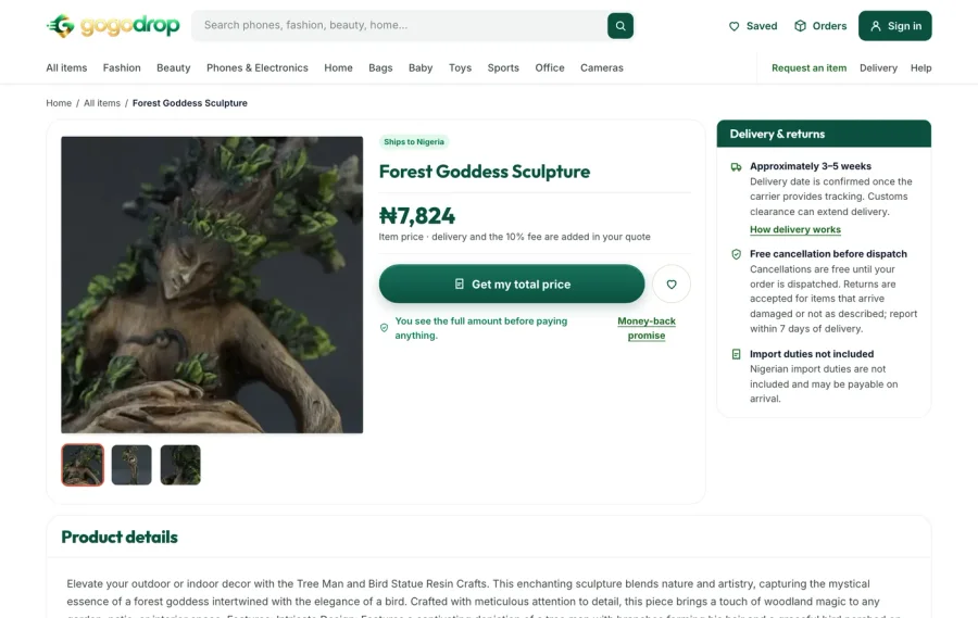 A GoGoDrop product page with delivery and returns summary