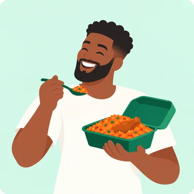 An illustrated customer enjoying a takeaway jollof pack