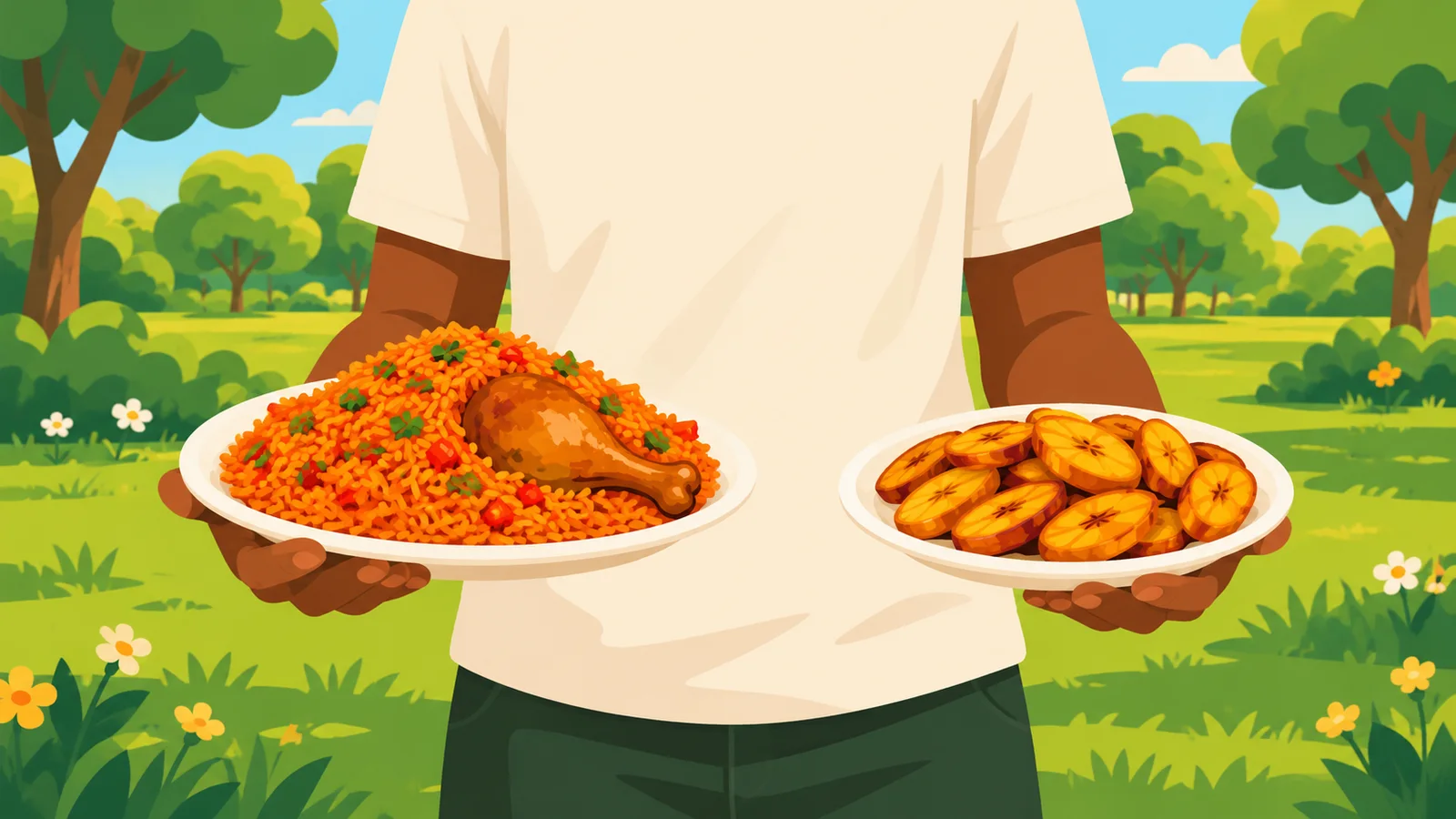 An illustration of hands holding a plate of jollof rice with chicken and a plate of fried plantain