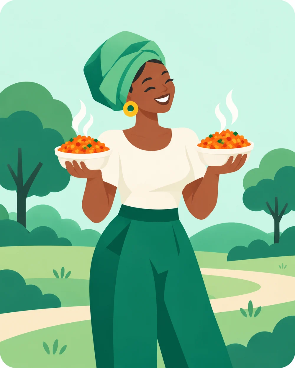 An illustrated woman holding two bowls of jollof rice